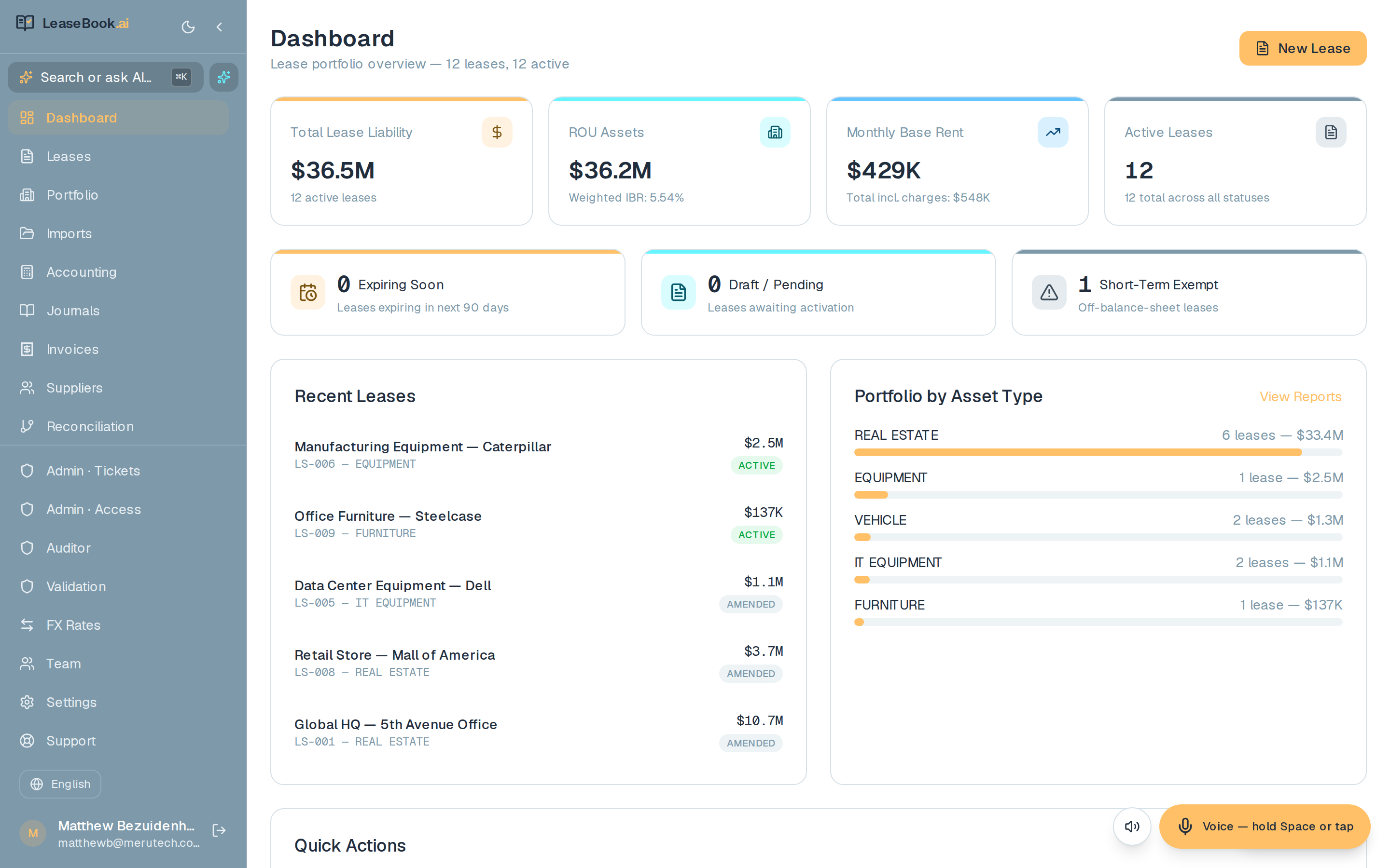 LeaseBook dashboard — lease portfolio overview